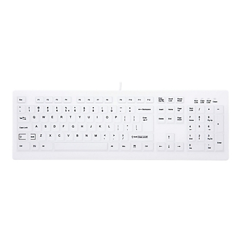 Weiße, kabelgebundene Tastatur im Standard-Layout vor weißem Hintergrund.
