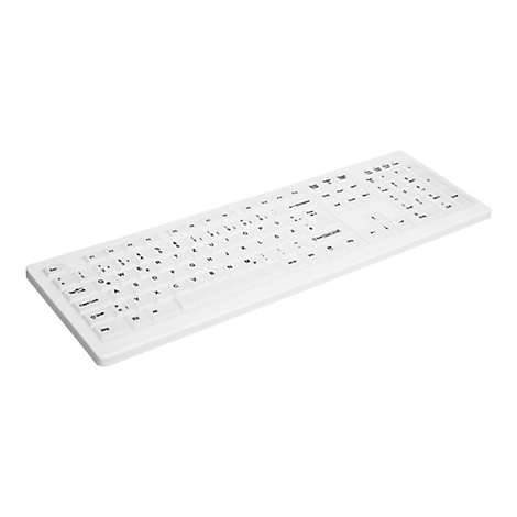Weiße, flache Tastatur mit deutschem Layout vor weißem Hintergrund.