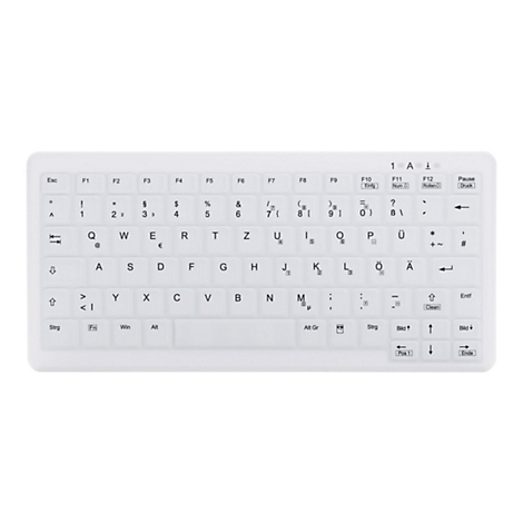 Weiße Silikontastatur mit deutschem QWERTZ-Layout und schwarzer Beschriftung vor weißem Hintergrund.