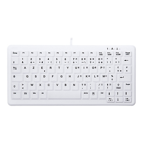 Weiße, wasserfeste Computertastatur mit AZERTY-Layout auf weißem Hintergrund.