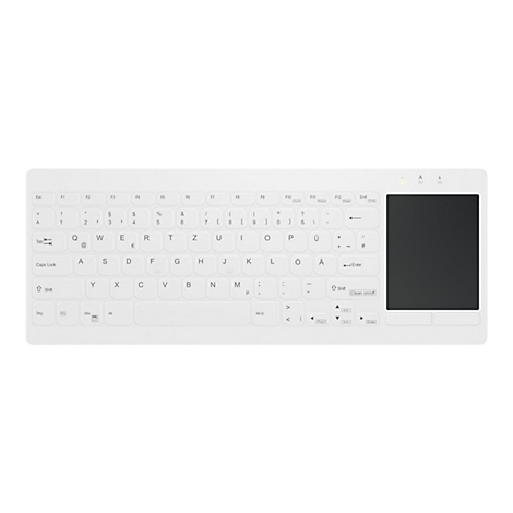 Weiße, flache Tastatur mit integriertem schwarzem Touchpad auf der rechten Seite vor weißem Hintergrund.