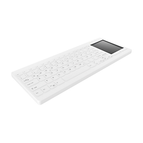 Weiße, flache Tastatur mit integriertem Touchpad in perspektivischer Ansicht vor weißem Hintergrund.