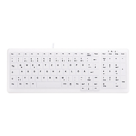Weiße, abwaschbare Silikon-Tastatur mit deutschem QWERTZ-Layout und Ziffernblock.