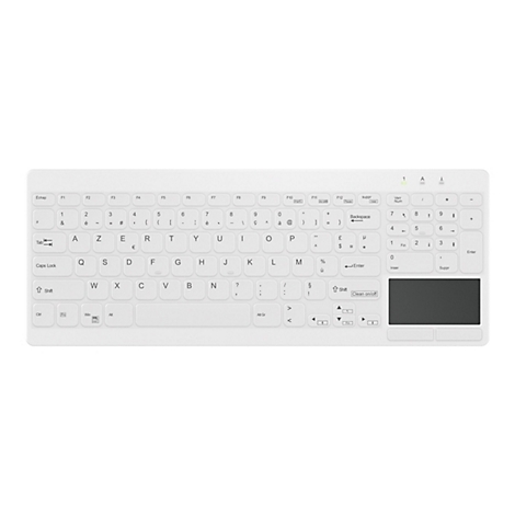 Weiße, kabellose Tastatur mit französischem AZERTY-Layout und integriertem Touchpad auf der rechten Seite.