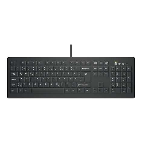 Schwarze, kabelgebundene Tastatur mit deutschem QWERTZ-Layout und aktiver Nummern-LED auf weißem Hintergrund.