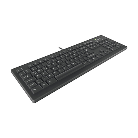 Schwarze kabelgebundene Tastatur mit deutschem Layout auf weißem Hintergrund.