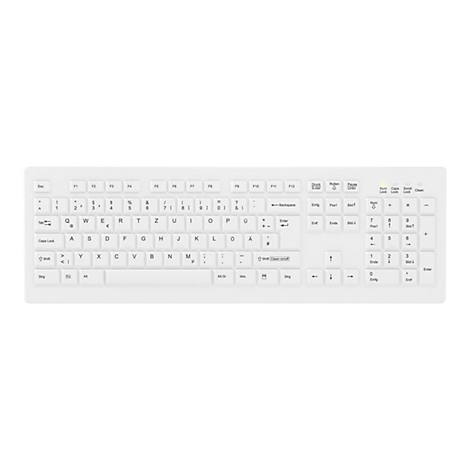 Weiße, kabelgebundene Computertastatur mit deutschem Layout und spezieller Clean-Taste vor weißem Hintergrund.