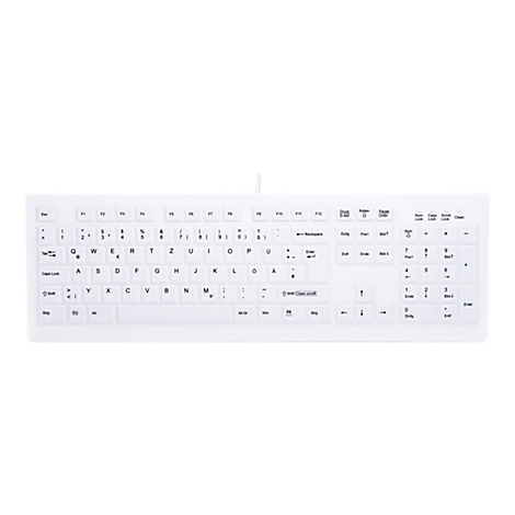 Weiße Computertastatur mit deutschem Layout vor weißem Hintergrund.