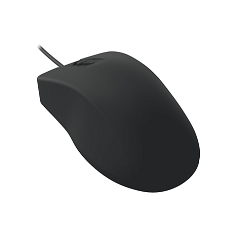 Schwarze, ergonomische Kabelmaus mit zwei Tasten vor weißem Hintergrund.
