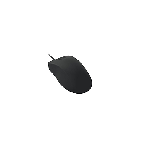 Schwarze, kabelgebundene Computermaus in schlichtem Design vor weißem Hintergrund.