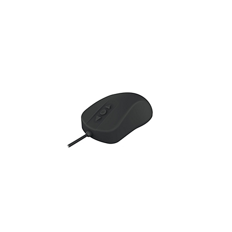 Eine schlichte, schwarze, kabelgebundene Computermaus mit zentralen Pfeiltasten vor weißem Hintergrund.