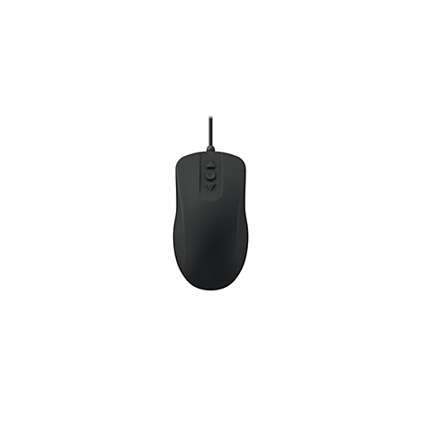 Schwarze kabelgebundene PC-Maus mit Steuerkreuz-Taste vor weißem Hintergrund.