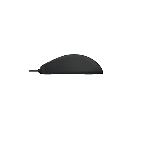 Schwarze, kabelgebundene Computermaus in Seitenansicht vor weißem Hintergrund.