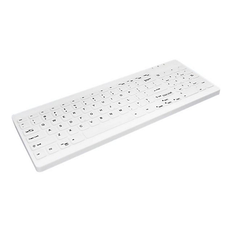 Weisse Computertastatur. Buchstaben und Symbole auf den Tasten in Schwarz. Das Kabel ist nicht sichtbar.