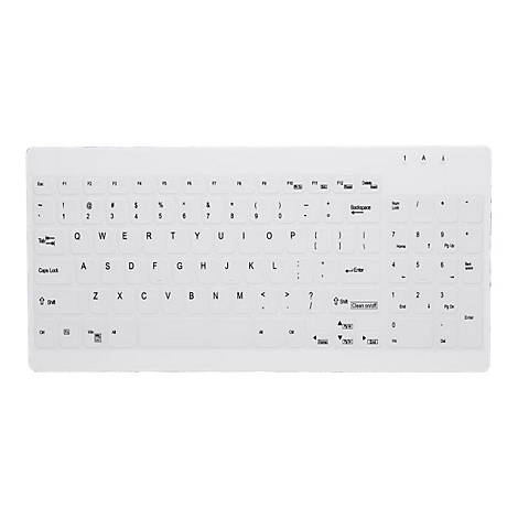 Draufsicht auf eine weiße Tastatur mit schwarzen Tastenbeschriftungen. Deutlich erkennbar sind Buchstaben, Zahlen, Sonderzeichen und Funktionstasten.