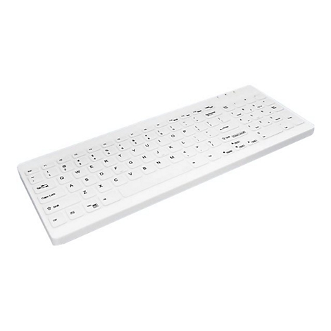 Ein weißes, flaches Keyboard liegt schräg vor hellem Hintergrund. Die Tasten sind beschriftet, Buchstaben in Schwarz.