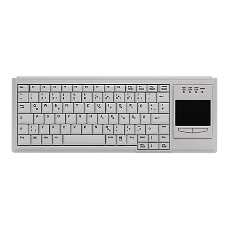 Helle Kompakttastatur mit deutschem QWERTZ-Layout und integriertem Touchpad auf der rechten Seite.