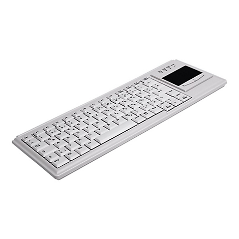 Weiße, flache Kompakt-Tastatur mit integriertem Touchpad auf der rechten Seite vor neutralem Hintergrund.