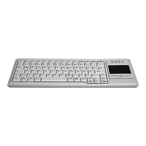 Helle Computertastatur mit deutschem Layout und integriertem Touchpad auf der rechten Seite.