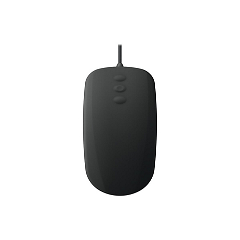 Schwarze Maus mit drei KnÃ¶pfen und Kabel, vor weiÃŸem Hintergrund.