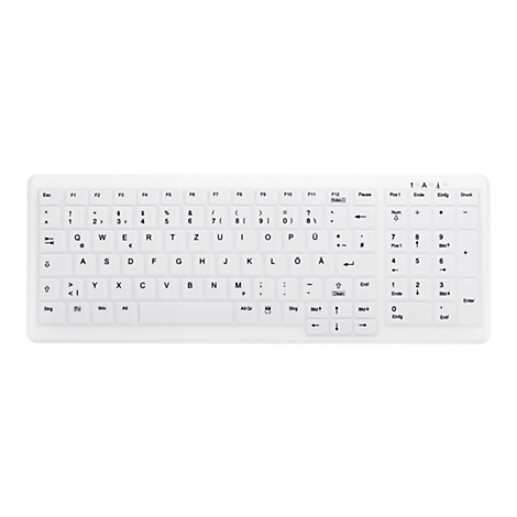 Weiße, wasserdichte Silikontastatur mit deutschem QWERTZ-Layout und Ziffernblock auf weißem Hintergrund.