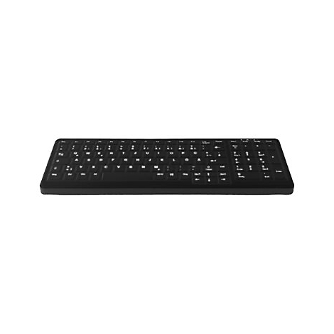 Schwarze Computertastatur mit weißer Beschriftung in einer seitlichen Draufsicht.