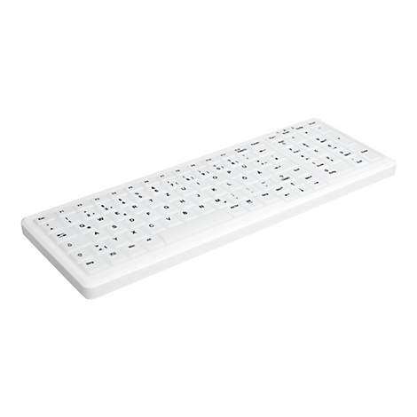 Eine weiße, kabellose Tastatur im Winkel von oben fotografiert, mit einem weißen Rahmen und weißen Tasten. Beschriftungen sind gut lesbar.