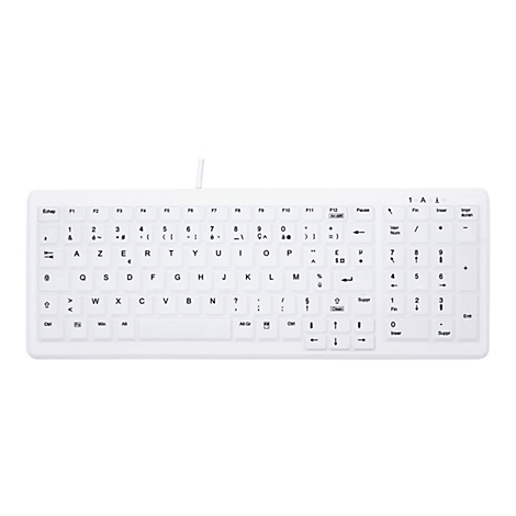 Weisse Tastatur mit französischen Layout auf weißem Hintergrund. Die Tasten sind beschriftet.