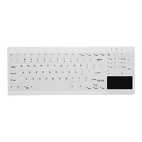 Draufsicht auf eine weiße Tastatur mit eingebautem schwarzem Touchpad.