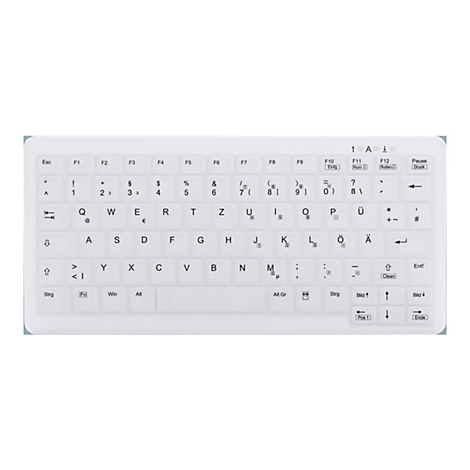 Weiße, flache Silikon-Tastatur mit deutschem QWERTZ-Layout auf weißem Hintergrund.