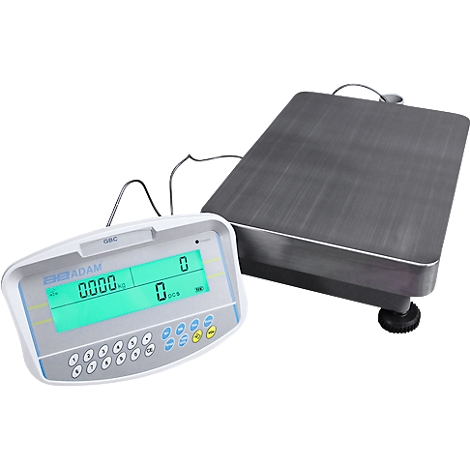 Digitale weegschaal met display, scherm toont 0.000 kg, een metalen bak en een toetsenbord.