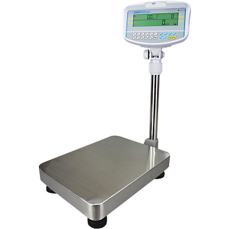 Weegschaal met roestvrijstalen platform en digitale display met groene weergave. Het display toont "0.0" en andere informatie.