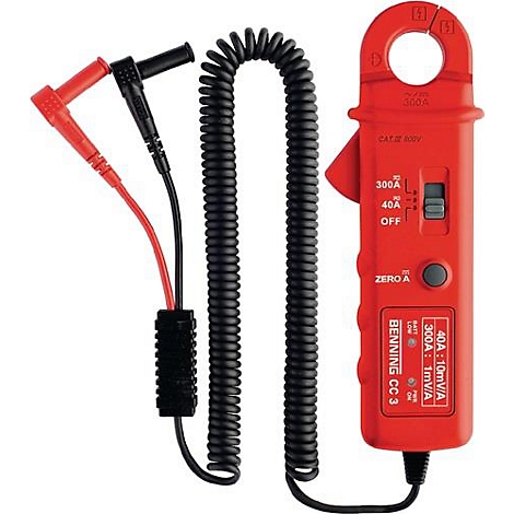 Pince ampèremétrique rouge avec câble noir et pointes de touche. Échelles et un interrupteur sur l'appareil.