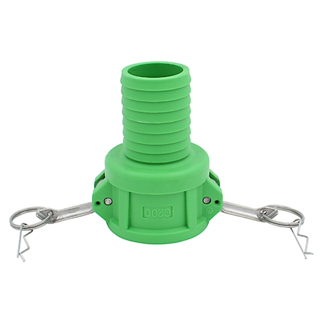 Green hose fitting with two folding brackets on a white background.