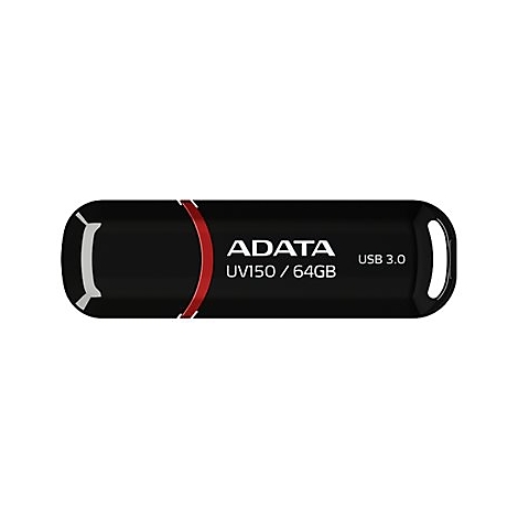 Schwarzer USB-Stick mit ADATA-Logo und rotem Akzent. Beschriftung: UV150 / 64GB. USB 3.0.