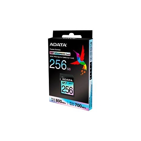 Schwarze ADATA-Verpackung mit einer SD-Karte und der Aufschrift 256 GB, verziert mit einem bunten Kolibri.
