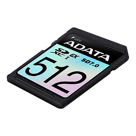 Schwarze SD-Karte mit dem Logo 'ADATA' und der Aufschrift '512' in Großbuchstaben. Aufschrift 'SD7.0' und 'XC I'.