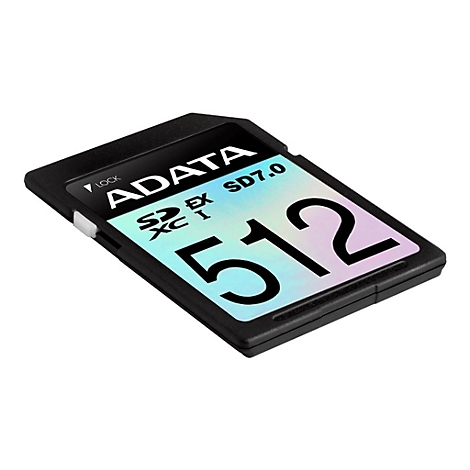 Schwarze SD-Karte mit ADATA-Logo und '512' in Großbuchstaben. 'SD7.0' und 'XC I' sind auch sichtbar.