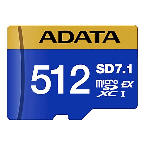 Blaue und goldene ADATA 512 GB microSDXC Speicherkarte vor weißem Hintergrund.