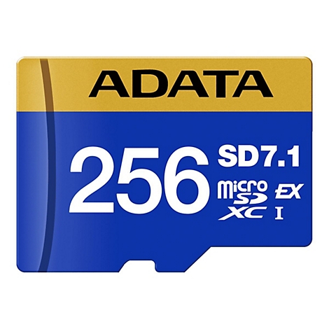 ADATA microSDXC Karte, 256 GB, gold-blaues Design mit Marken- und Spezifikationsaufdruck.