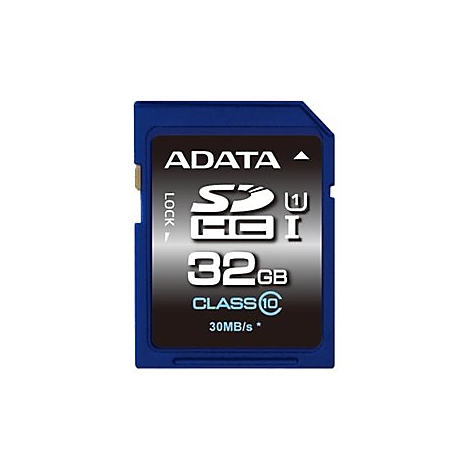 Blaue SD-Karte mit "ADATA", "32GB" und anderen Spezifikationen.