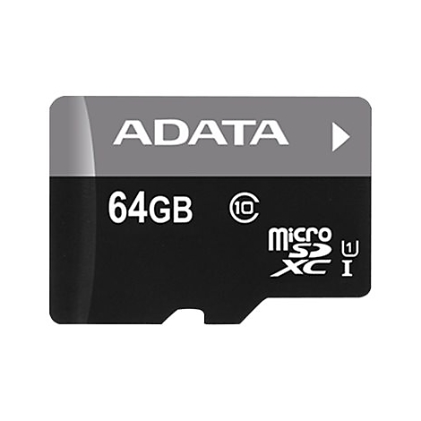 Schwarze ADATA microSDXC-Speicherkarte mit 64 GB Kapazität und Class 10 Zertifizierung.