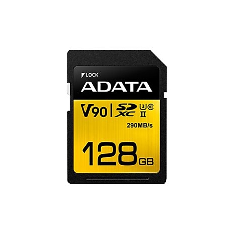 Schwarze SD-Karte mit gelbem Aufdruck. Beschriftung: ADATA, V90, 128 GB und 290MB/s.