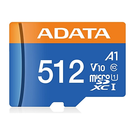 Blaue und orangefarbene MicroSD-Karte von ADATA mit der Aufschrift 512, A1, V10 und micro SDXC I.