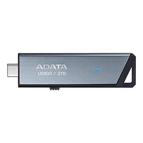 Grauer Adata USB-C Stick UE800 mit 2TB Kapazität vor weißem Hintergrund.