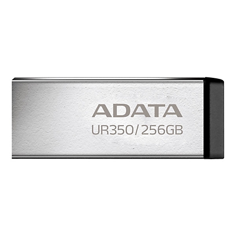 Silberner Adata UR350 USB-Stick mit 256GB Speicher, glatte Metalloberfläche mit schwarzer Endkappe.