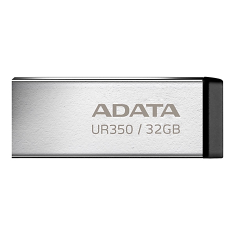 Silberner USB-Stick mit der Aufschrift ADATA UR350/32GB. Schwarze Kappe am Ende des Sticks.