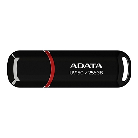 Schwarzer ADATA UV150 USB-Stick mit 256GB Speicherplatz und einem roten Zierring vor weißem Hintergrund.