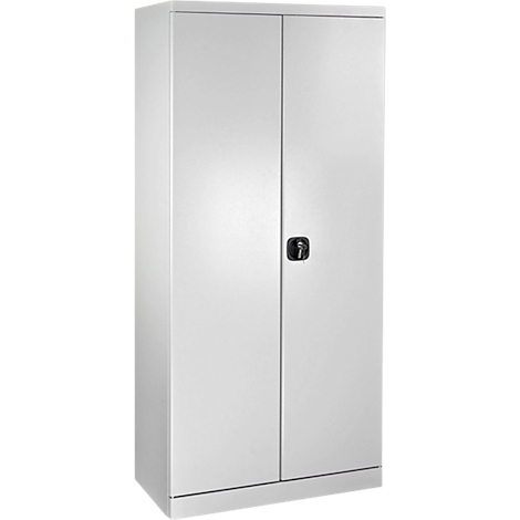 Une armoire en acier blanc à deux portes et une poignée de porte noire.