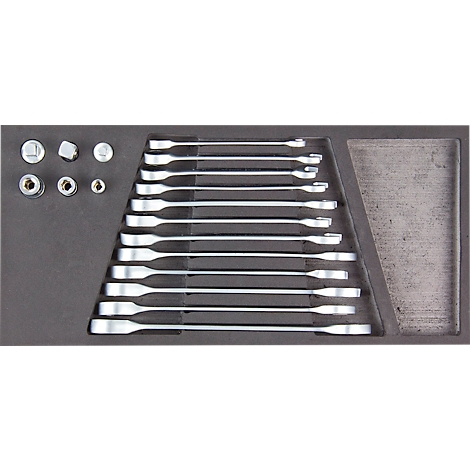 ADB Jeu de clés à fourche double, 18 pièces, chrome-vanadium, SW 8-19 mm, insert mousse dure, L 400 x l 190 x H 35 mm, argent